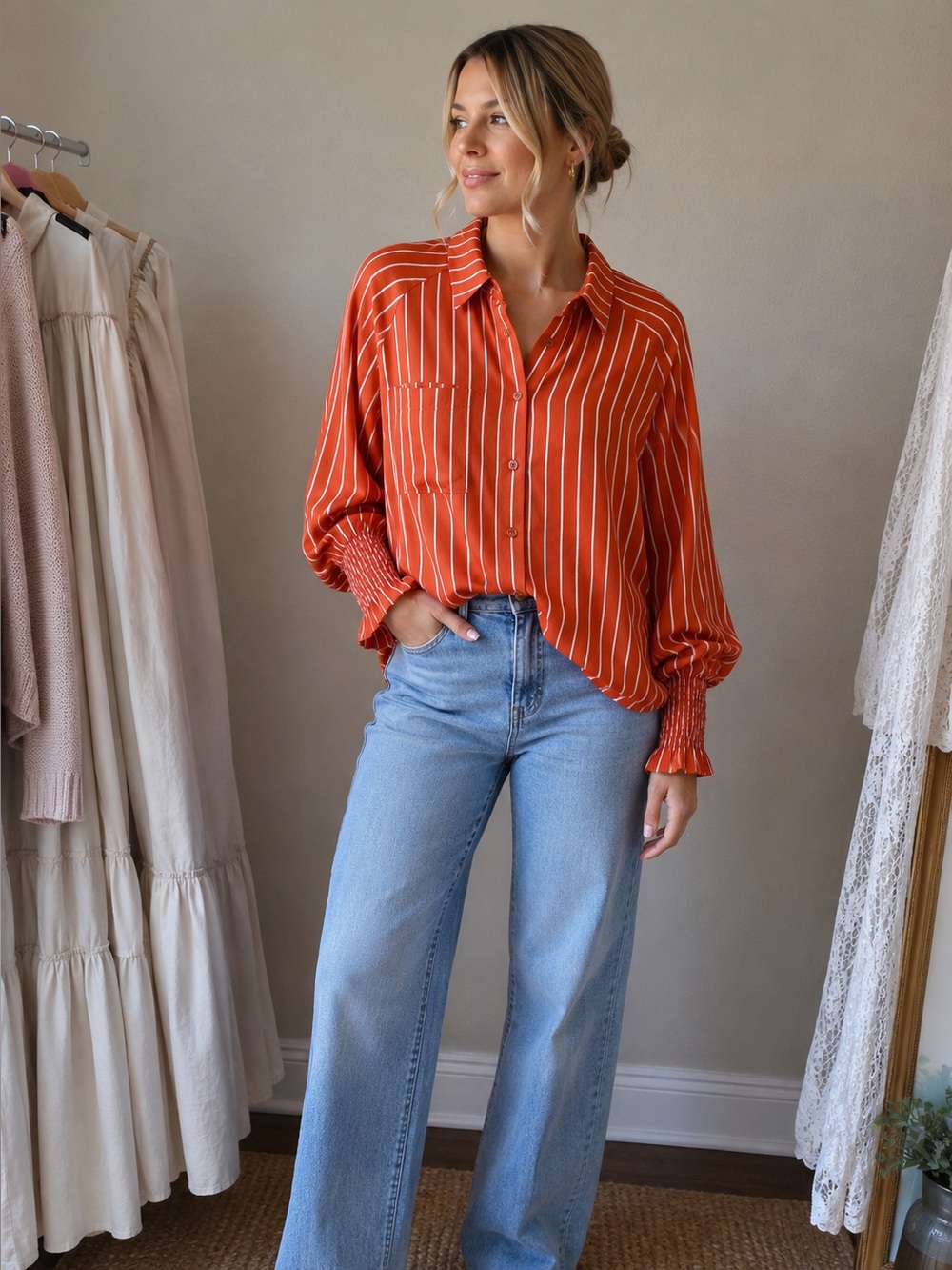 Women’s Orange White Striped Button Up Shirt Smocked Cuff Long Sleeve Blouse